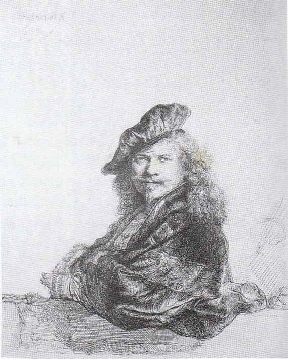 Un autoportrait : « Rembrandt appuyé sur un rebord de pierre »
